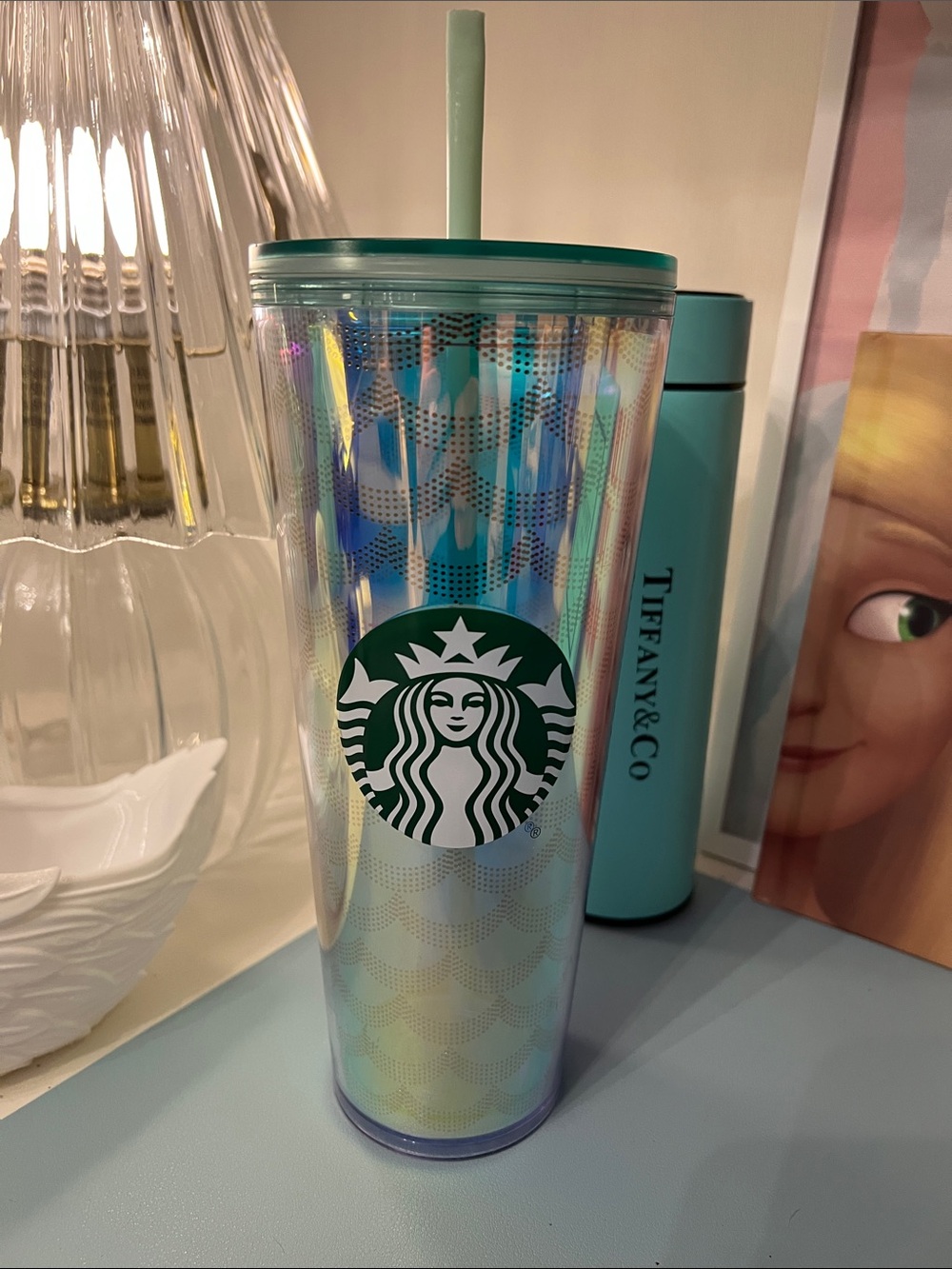 Starbucks Iridescent Green Logo Travel Tumbler with Mint Straw